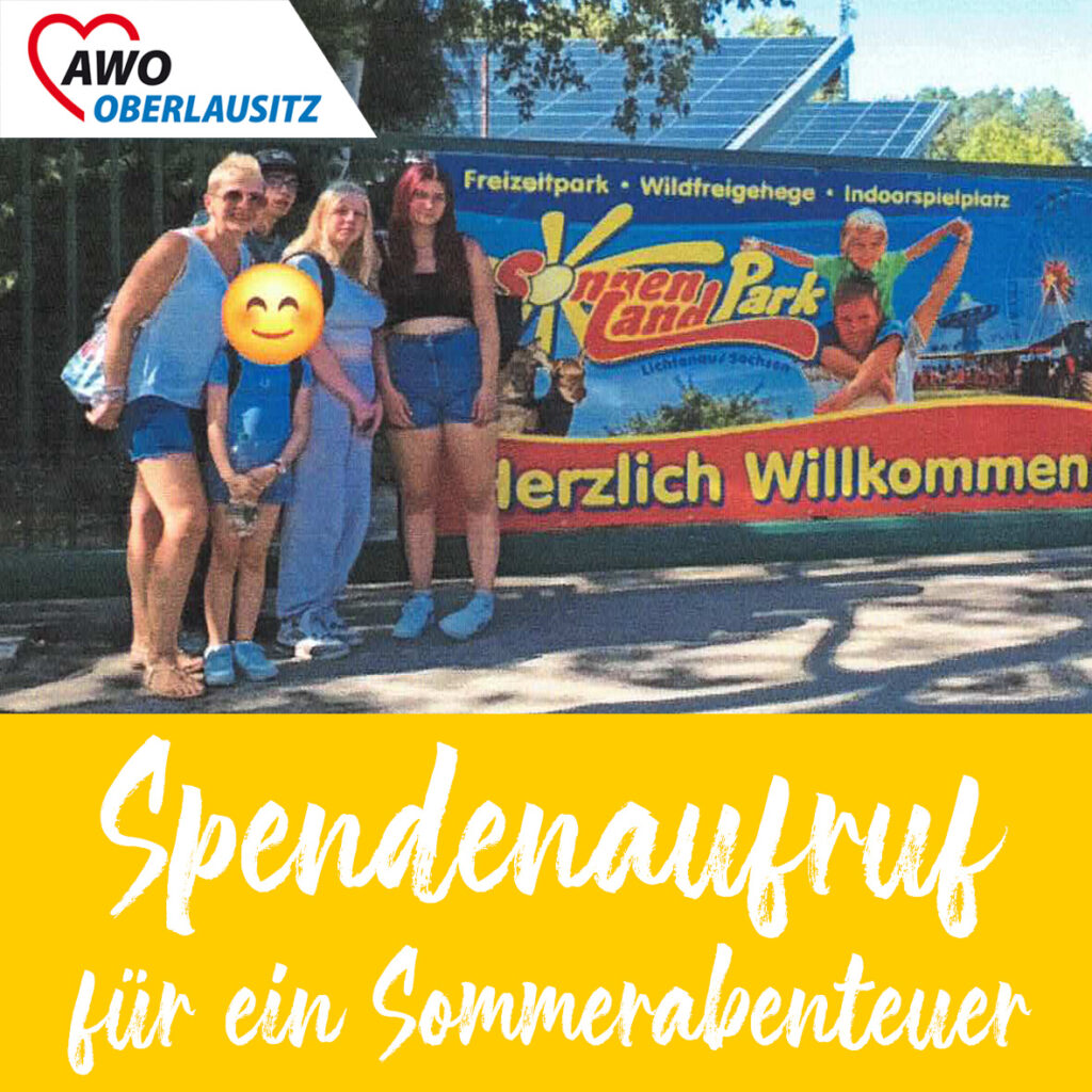 Flyer - Spendenaufruf für ein Sommerabendteuer. Im Hintergrund eine Familie im Sonnenland Park