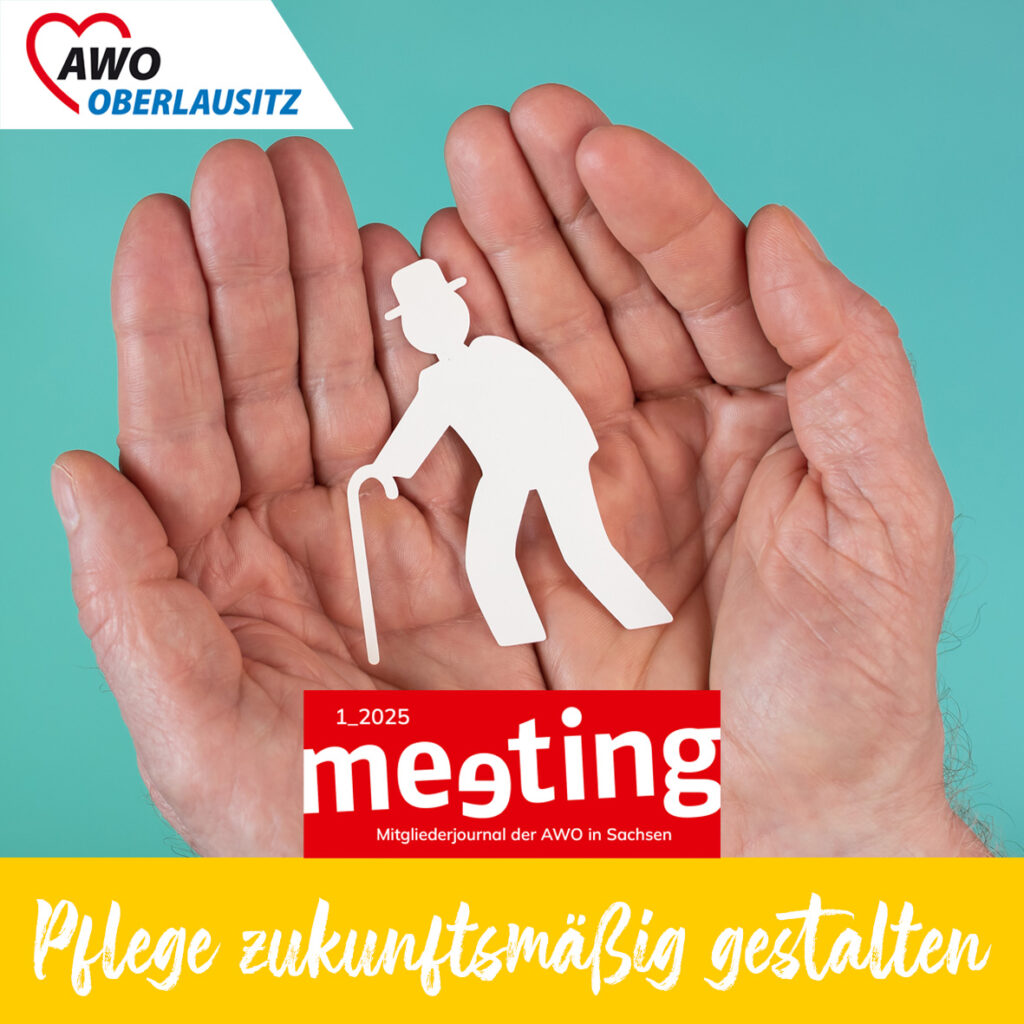 AWO meeting - Mann mit Hund und Krückstock aus Papier ausgeschnitten liegt in zwei Handflächen.