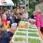 Ein Mitmachstand beim Kinderfest. Die Kinder schützeln Gläser mit Sahne bis Butte entsteht. Im Vordergrund stehen Schalen mit selbst gezogener Kresse.