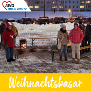Winterliches Zusammentreffen an Feuerstellen vor winterlichem Ambiente.