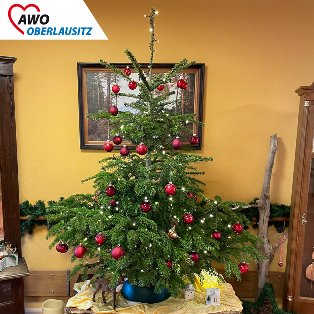 Schöner und liebevoll geschmückter Weihnachtsbaum in einem Wohnbereich des Altenpflegeheims.