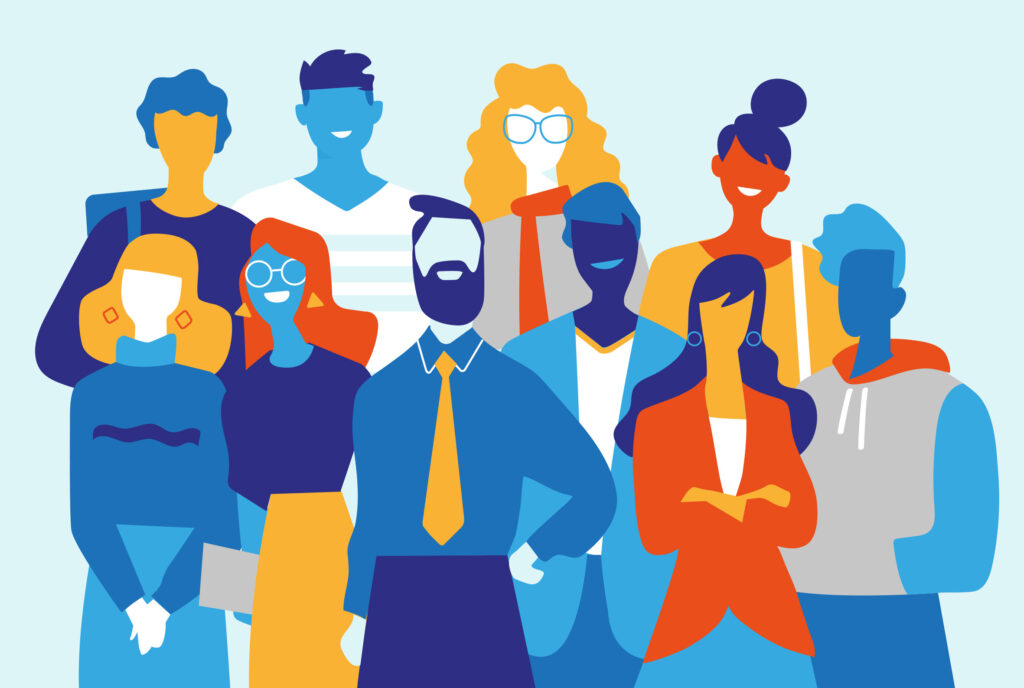 Auf hellblauem Hintergrund im Comicstyle abgebildete Personen, neutral ohne Gesicht, aber erkennbar in Frisuren, Accessoires und Kleidung als Männer und Frauen unterschiedlichen Alters und Position.