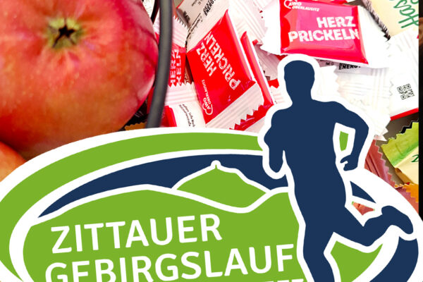 Collage aus Äpfeln und Traubenzucker, im Vordergrund das Logo des "Zittauer Gebirgslauf & Wandertreffs"