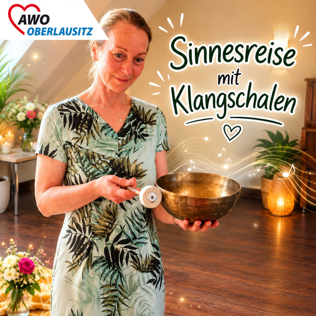 Eine Frau steht in einem helle Raum im Dachgeschoss. Kerzen und verschieden Lichtquellen schaffen eine schöne Atmosphäre. Sie hält eine Klangschale in der Hand und erzegt Töne.