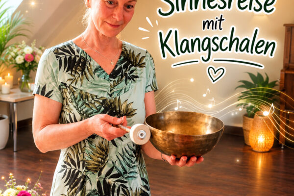 Eine Frau steht in einem helle Raum im Dachgeschoss. Kerzen und verschieden Lichtquellen schaffen eine schöne Atmosphäre. Sie hält eine Klangschale in der Hand und erzegt Töne.